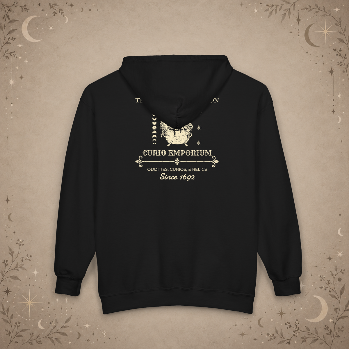 The Curious Cauldron full-zip hoodie in Black, back view