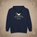 The Curious Cauldron full-zip hoodie in Navy, back view