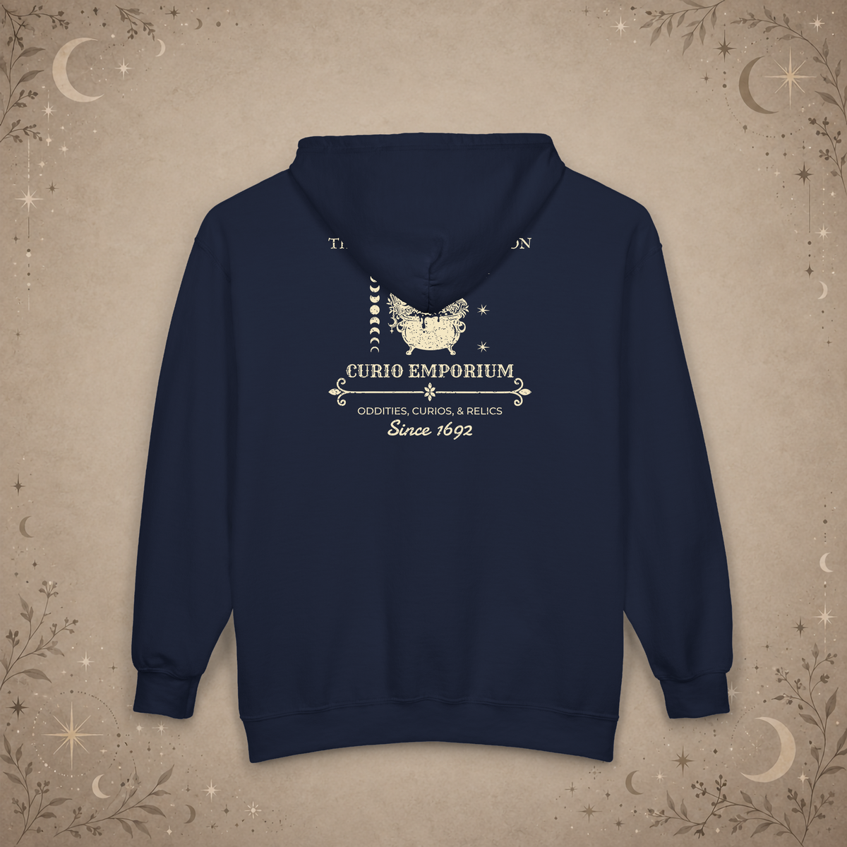 The Curious Cauldron full-zip hoodie in Navy, back view