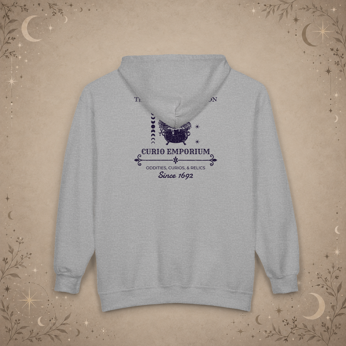 The Curious Cauldron full-zip hoodie in Sport Grey, back view