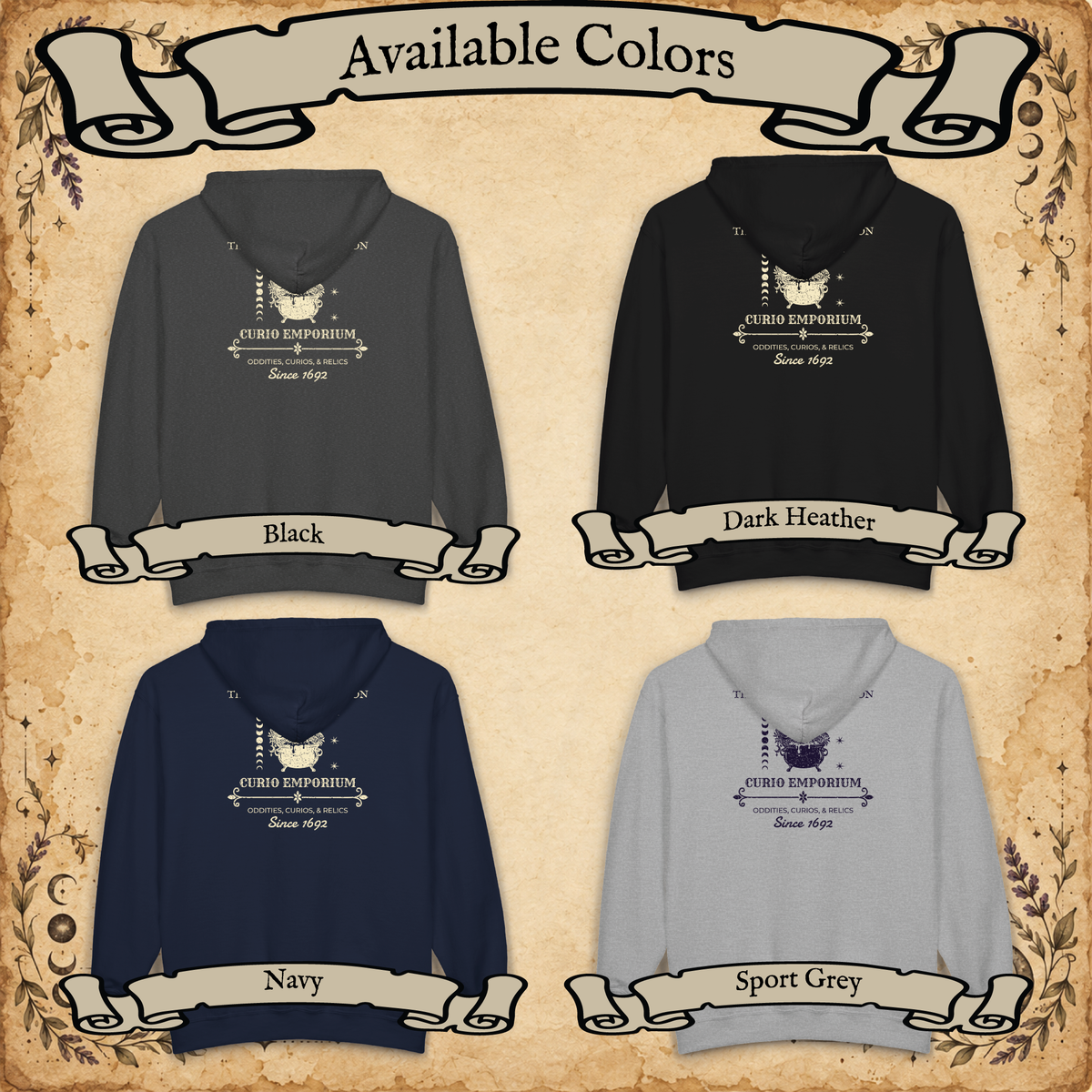 The Curious Cauldron full-zip hoodie available colors