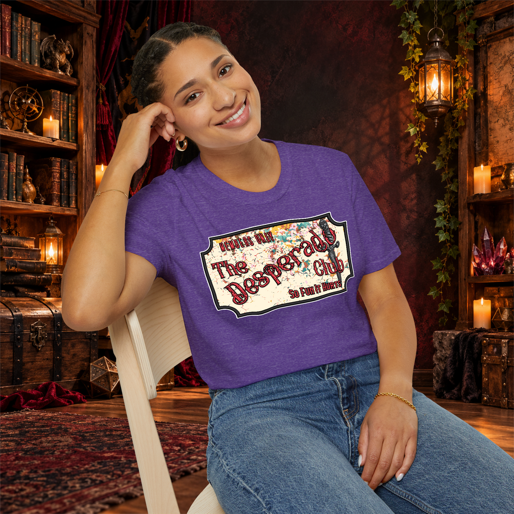 The Desperado Club graphic T-shirt modeled by a seated woman