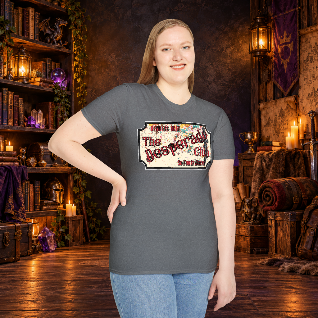 The Desperado Club graphic T-shirt modeled by a standing woman