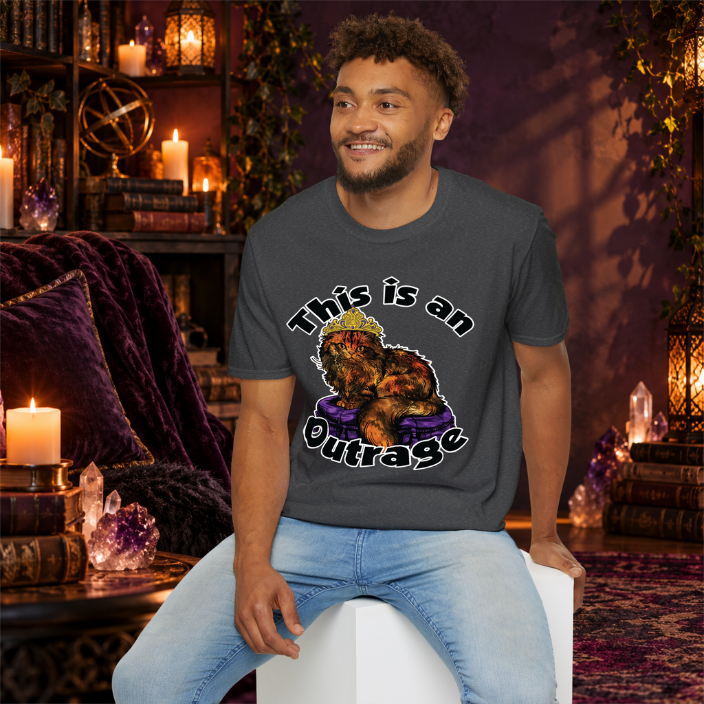 This Is an Outrage graphic T-shirt modeled by a seated man