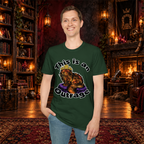This Is an Outrage graphic T-shirt modeled by a standing man