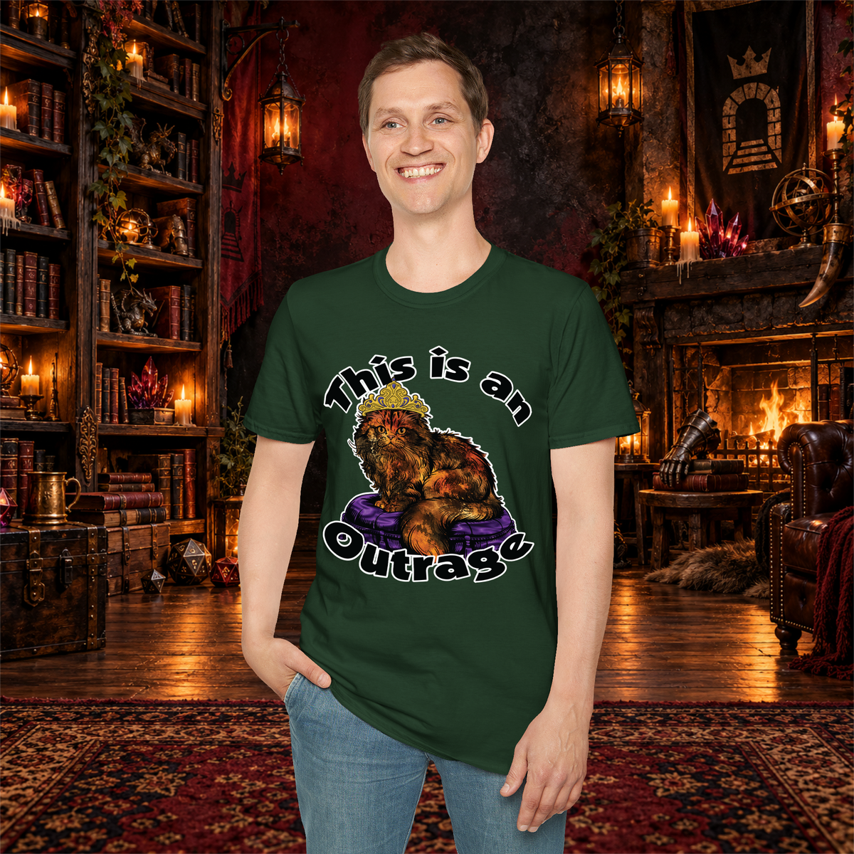 This Is an Outrage graphic T-shirt modeled by a standing man