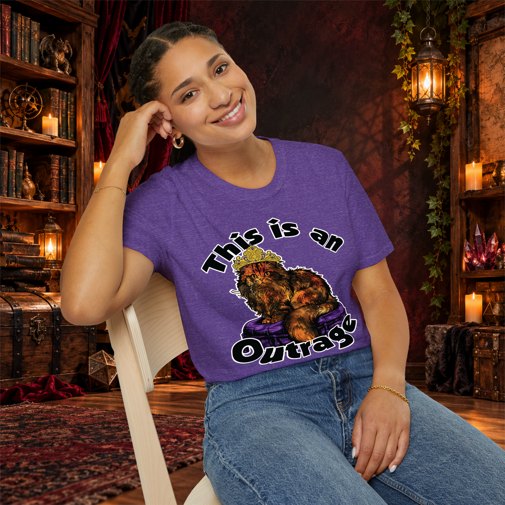 This Is an Outrage graphic T-shirt modeled by a seated woman