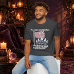 We Are Crawlers graphic T-shirt modeled by a seated man