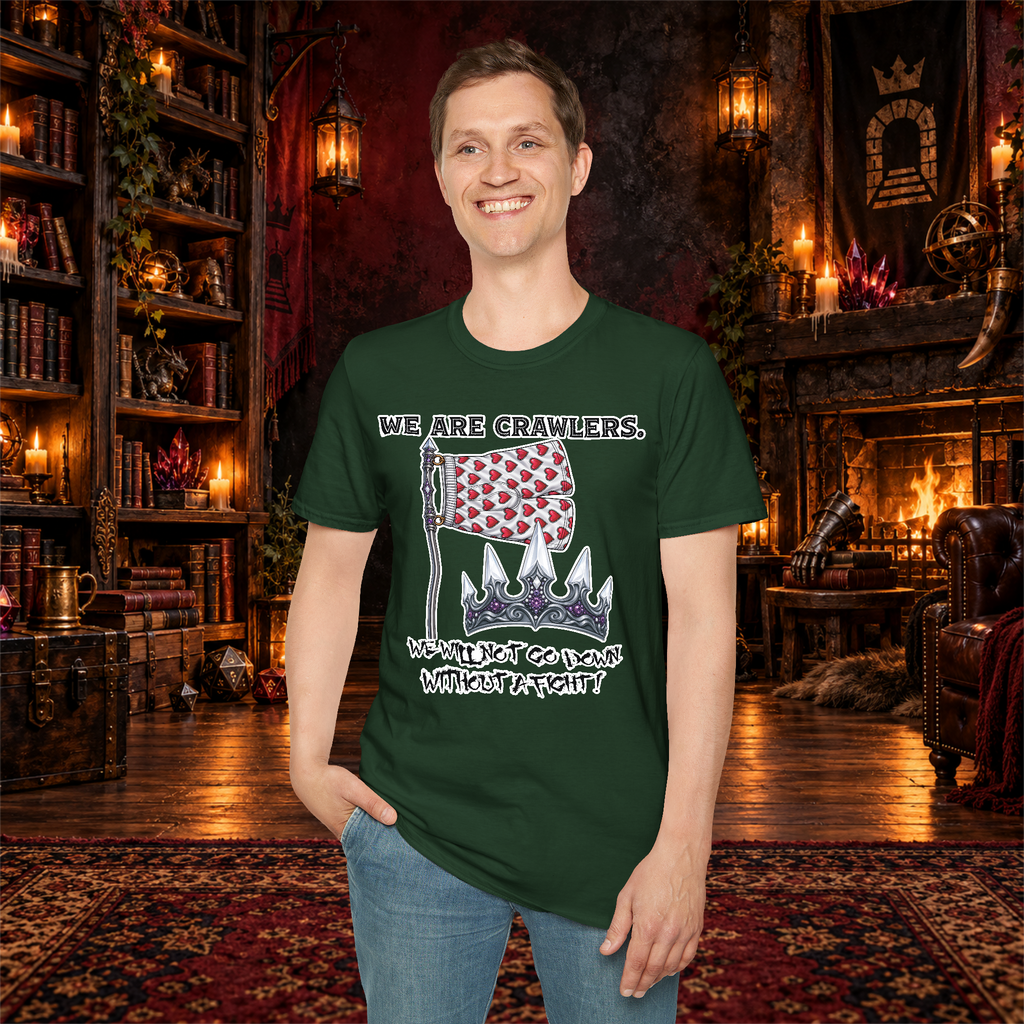We Are Crawlers graphic T-shirt modeled by a standing man