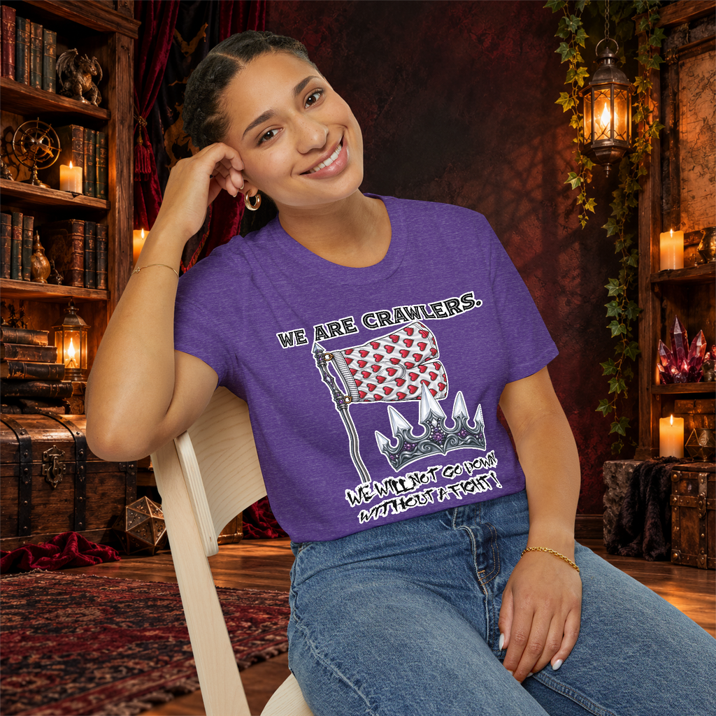 We Are Crawlers graphic T-shirt modeled by a seated woman