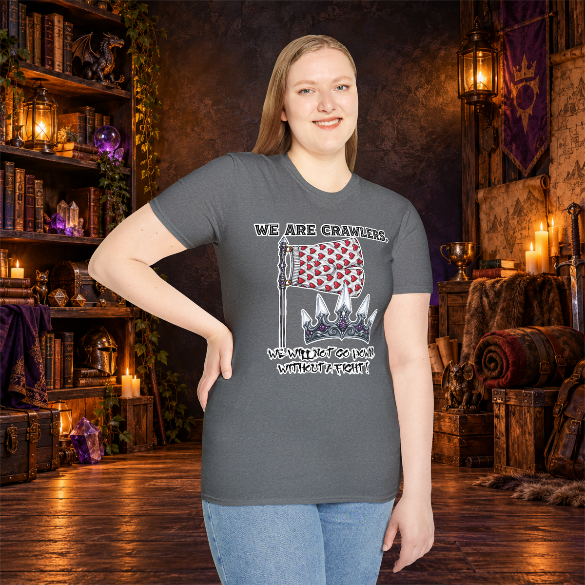 We Are Crawlers graphic T-shirt modeled by a standing woman