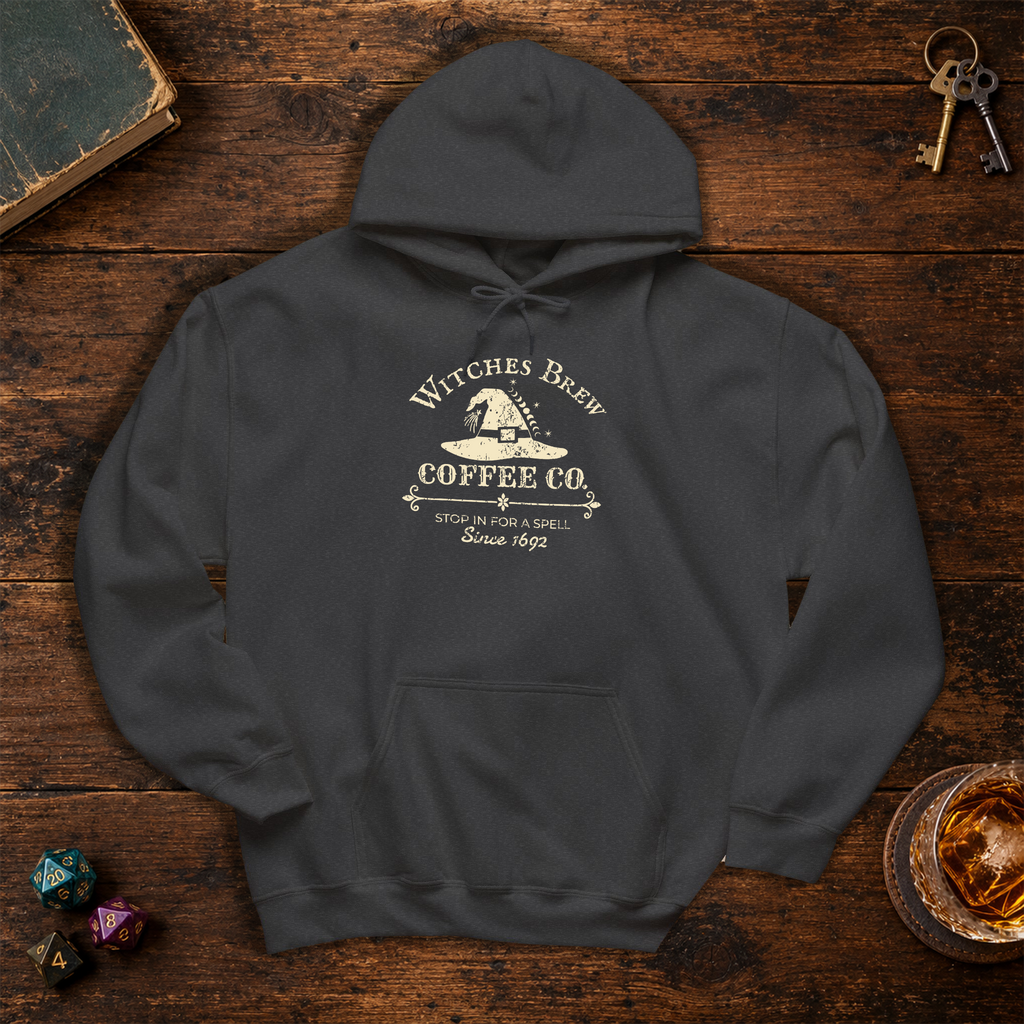 Witches Brew Coffee Co. hoodie in dark heather, back lay-flat mockup