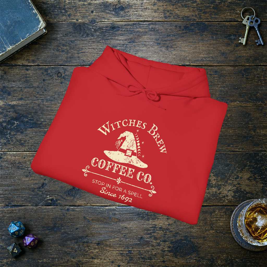 Witches Brew Coffee Co. hoodie in red, folded mockup