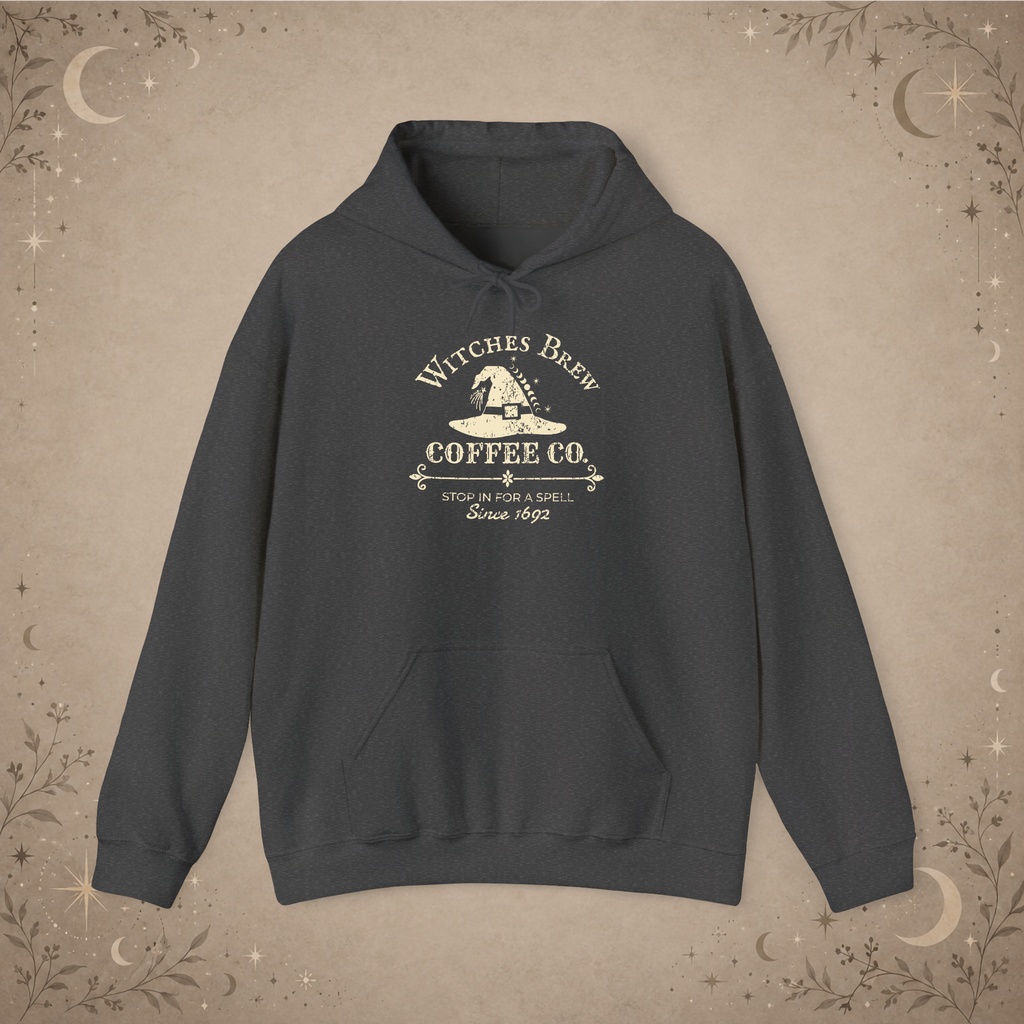 Witches Brew Coffee Co. hoodie in dark heather, front view