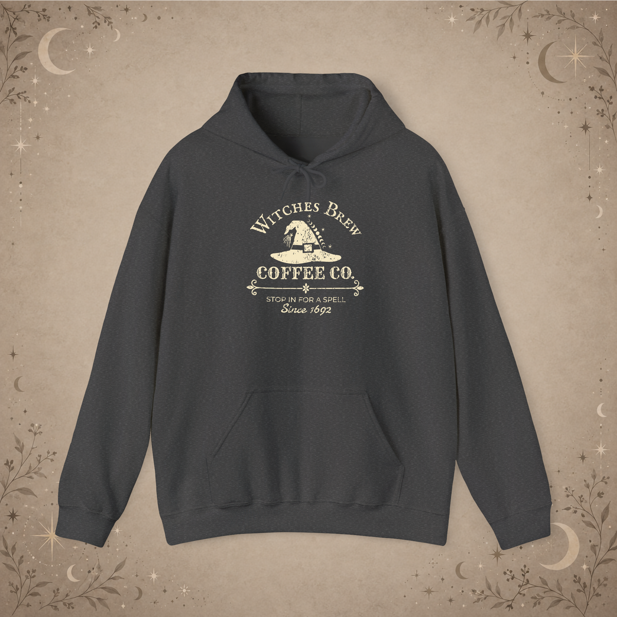 Witches Brew Coffee Co. hoodie in dark heather, front view