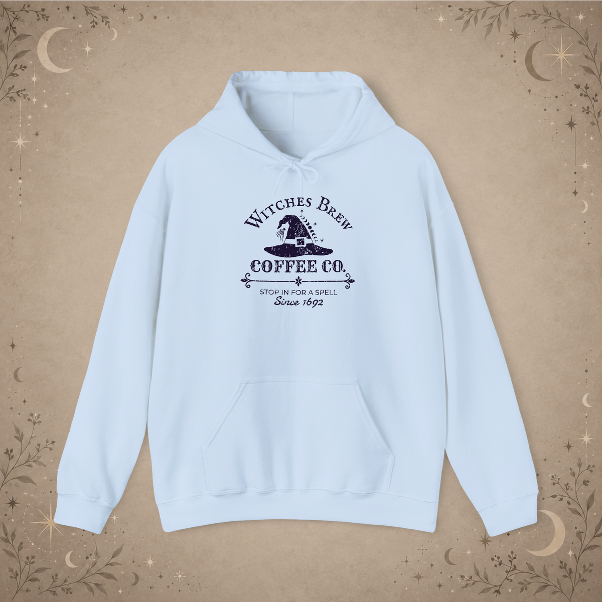 Witches Brew Coffee Co. hoodie in light blue, front view