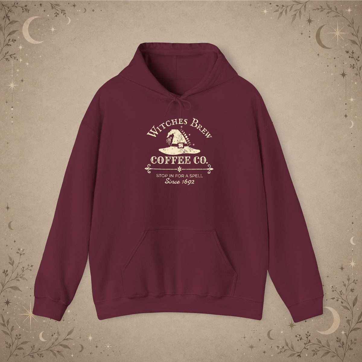 Witches Brew Coffee Co. hoodie in maroon, front view