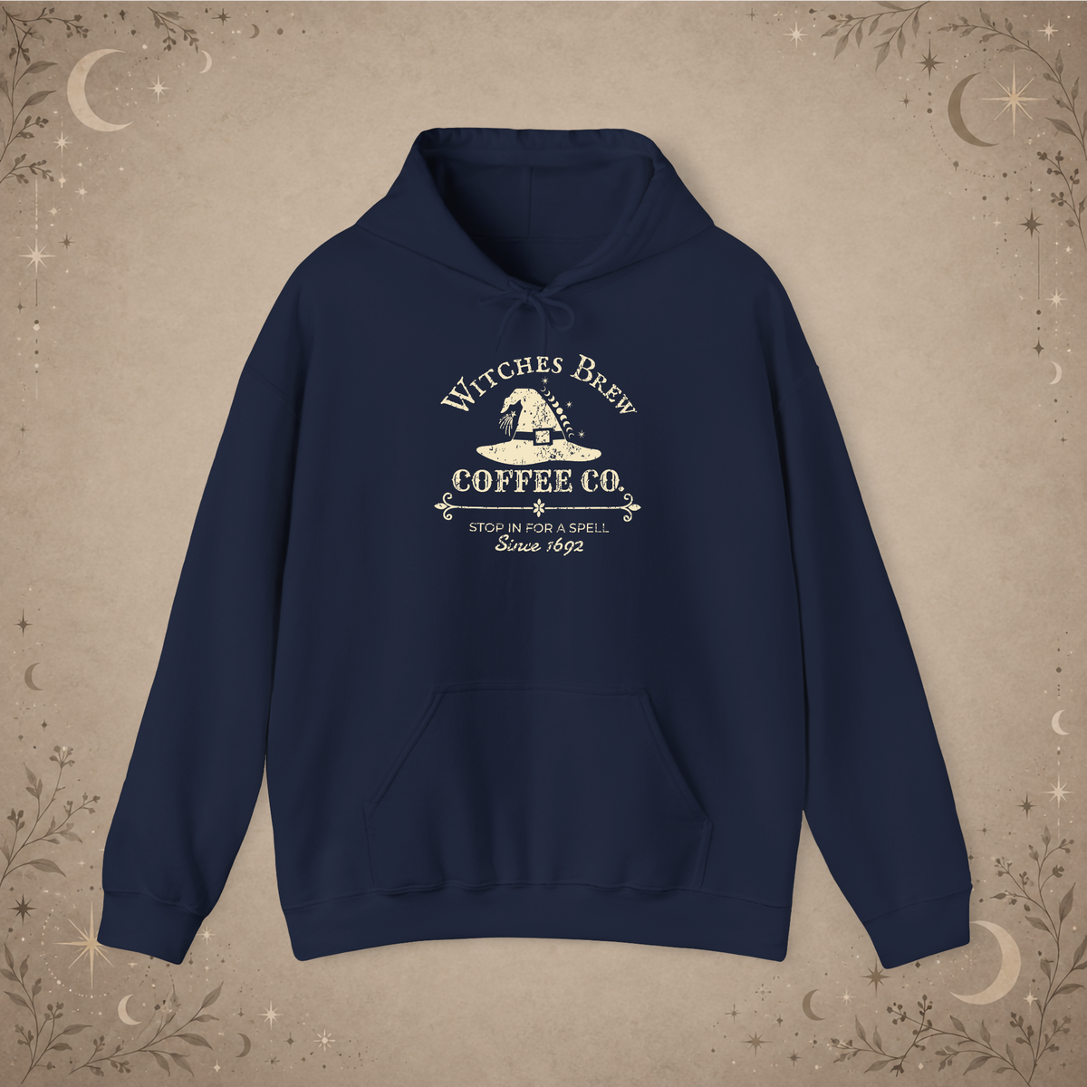 Witches Brew Coffee Co. hoodie in navy, front view