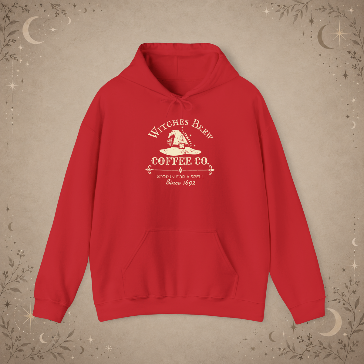 Witches Brew Coffee Co. hoodie in red, front view