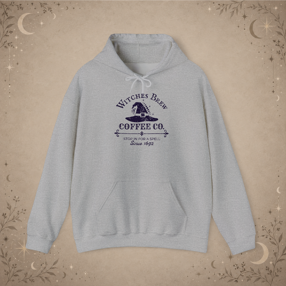 Witches Brew Coffee Co. hoodie in sport grey, front view