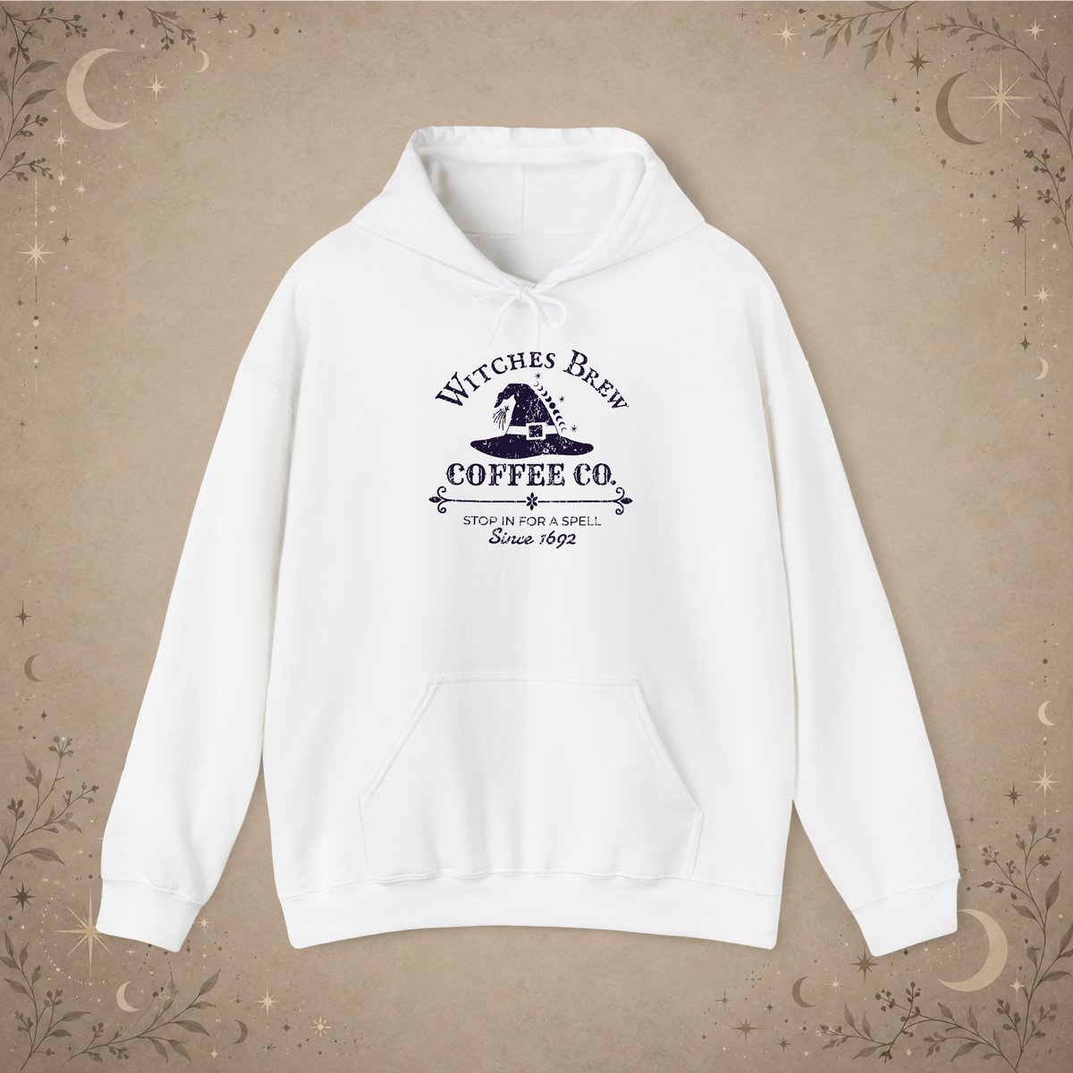 Witches Brew Coffee Co. hoodie in white, front view