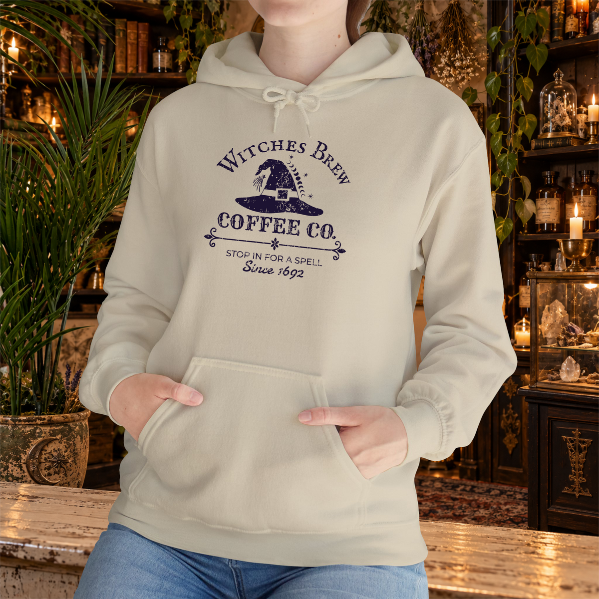 Witches Brew Coffee Co. hoodie in sand, lifestyle mockup