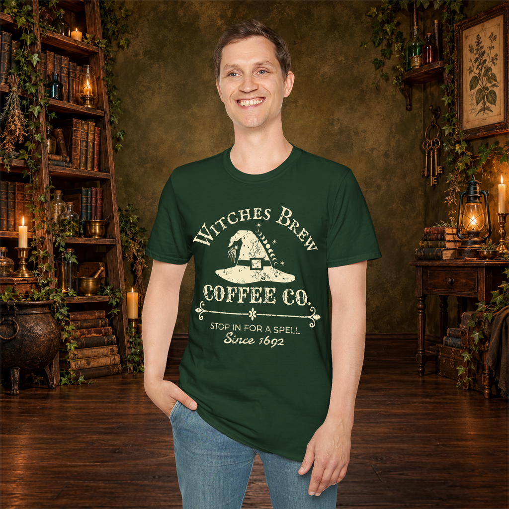 Witches Brew Coffee Co. graphic tee on standing man