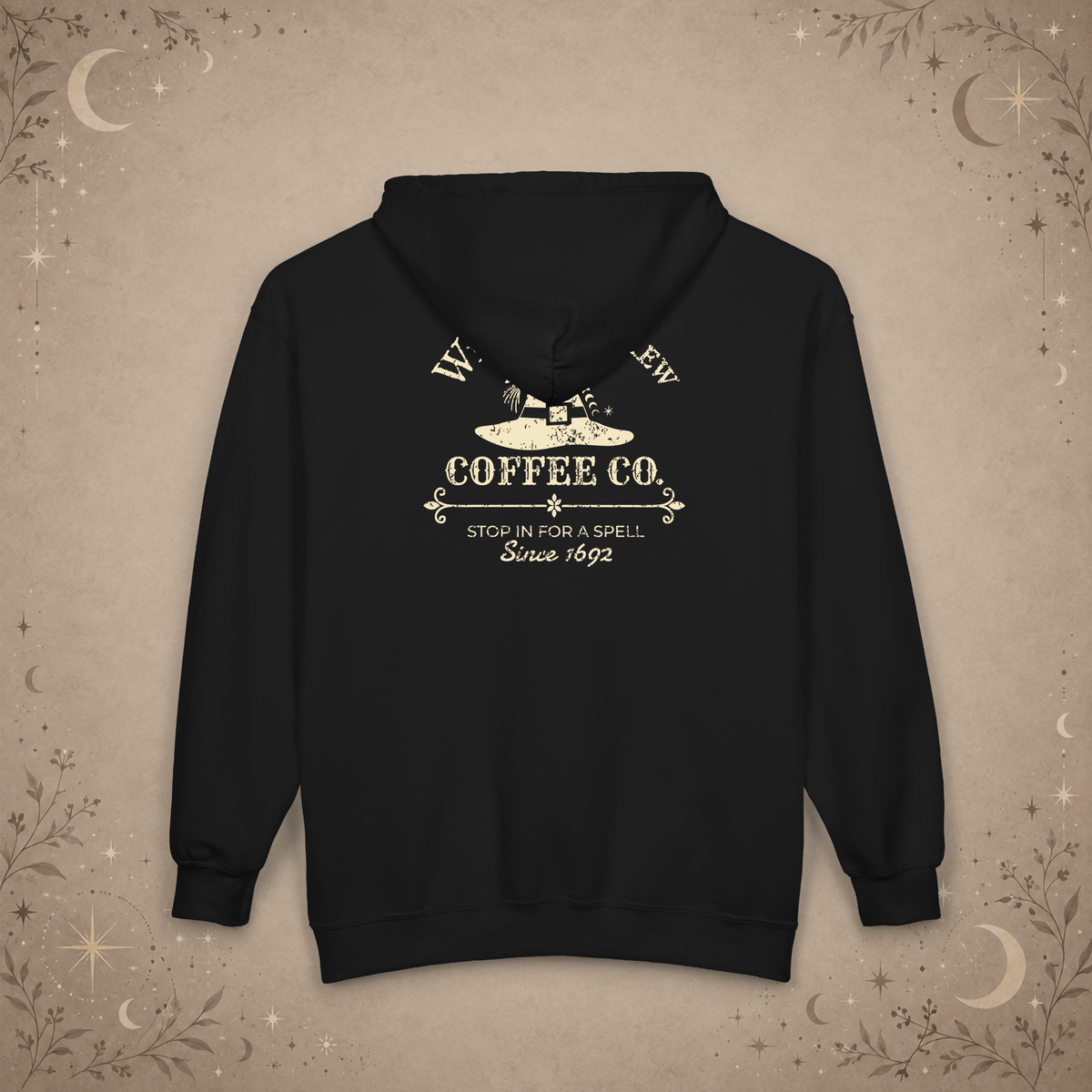 Witches Brew Coffee Co. full-zip hoodie in black, back view