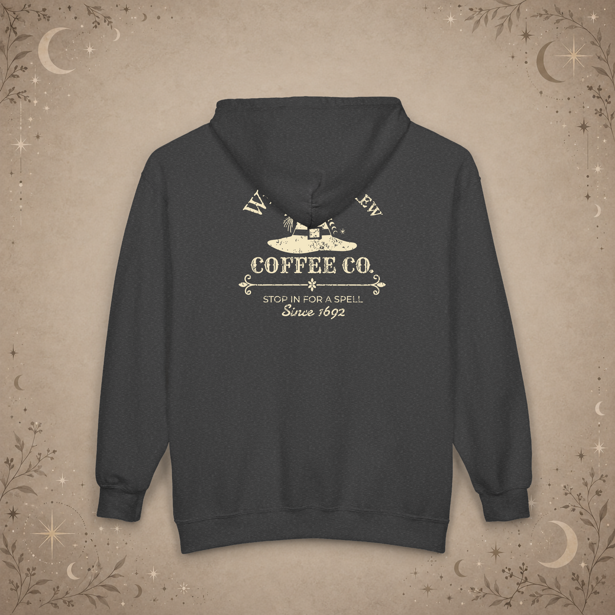 Witches Brew Coffee Co. full-zip hoodie in dark heather, back view