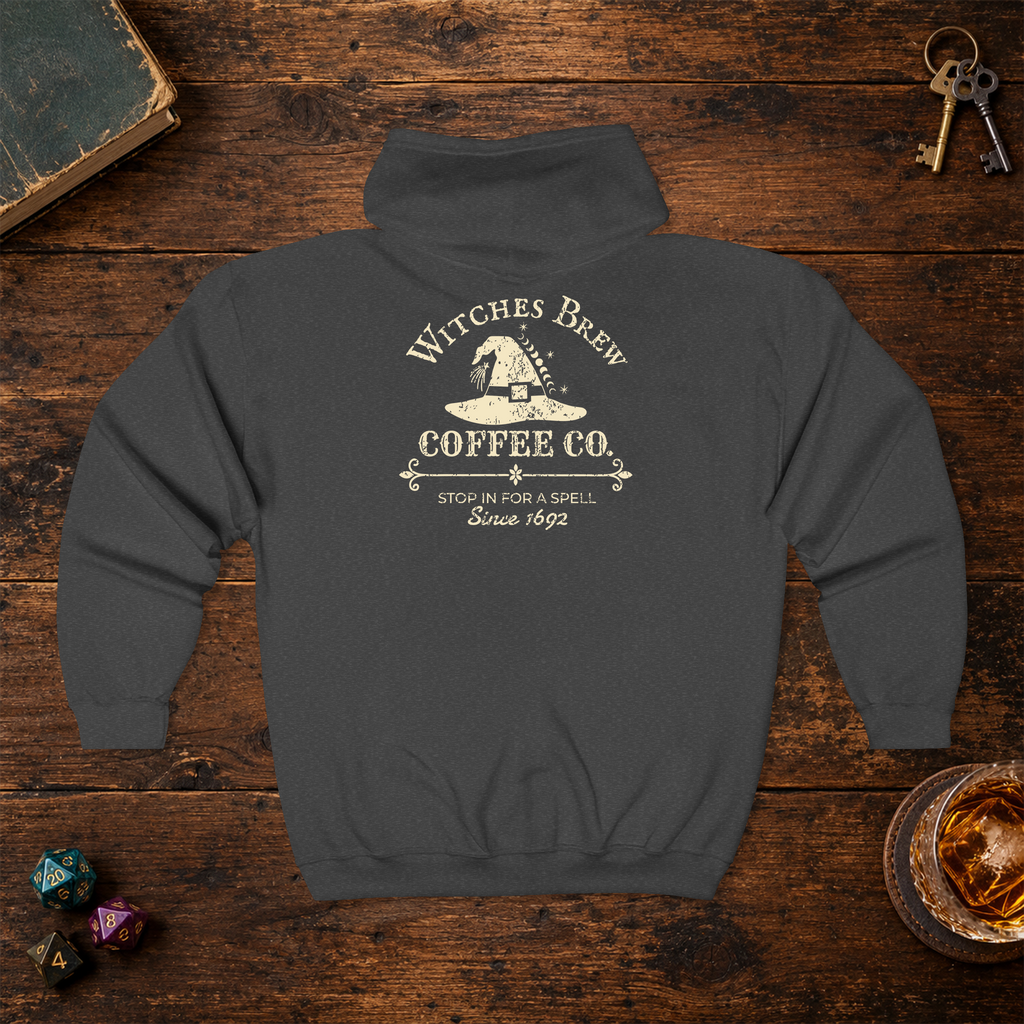 Witches Brew Coffee Co. full-zip hoodie in dark heather, back lay-flat mockup