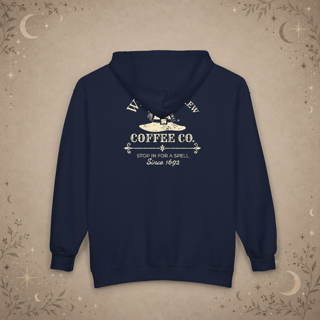 Witches Brew Coffee Co. full-zip hoodie in navy, back view