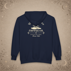 Witches Brew Coffee Co. full-zip hoodie in navy, back view