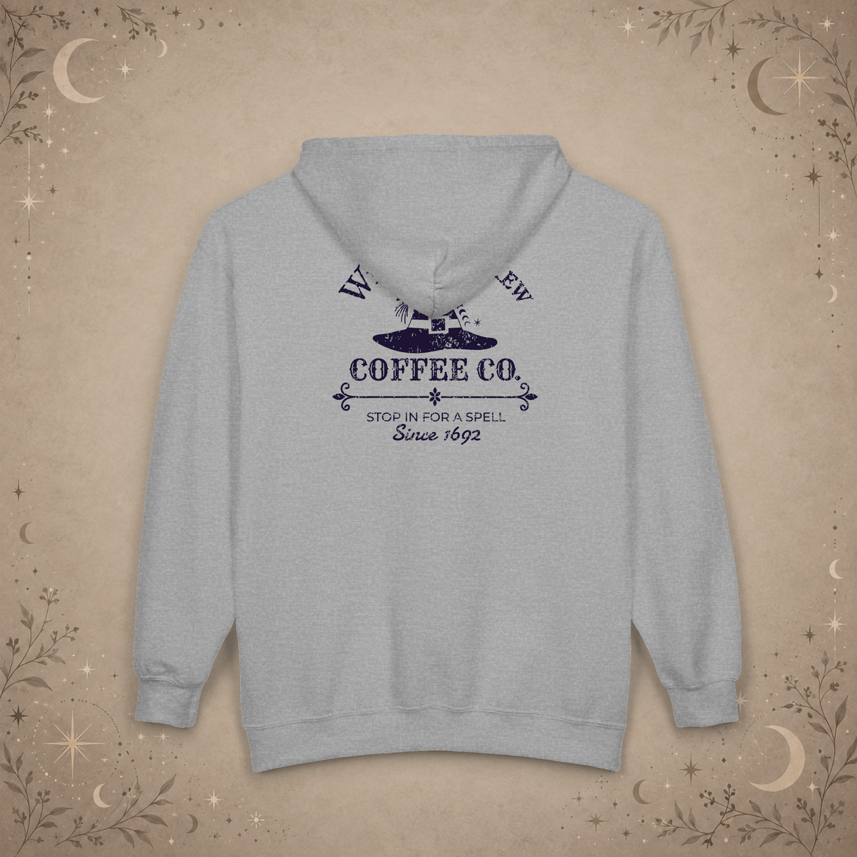 Witches Brew Coffee Co. full-zip hoodie in sport grey, back view