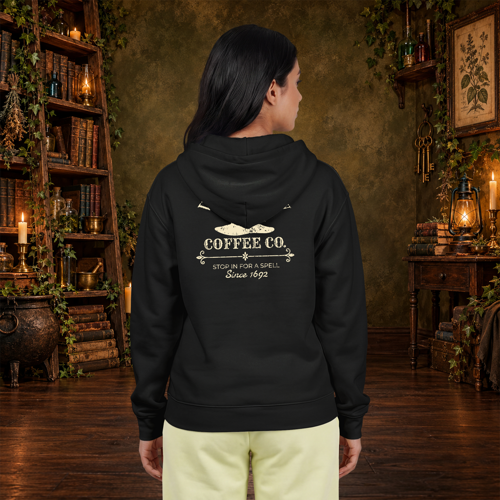 Witches Brew Coffee Co. full-zip hoodie in black, model back