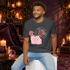 You Will Not Break Me graphic T-shirt modeled by a seated man