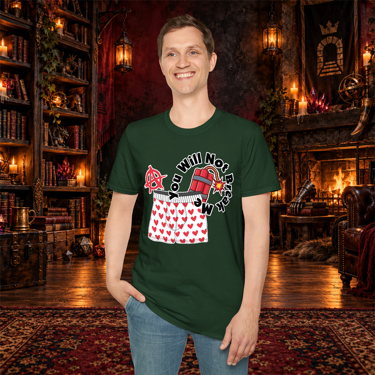 You Will Not Break Me graphic T-shirt modeled by a standing man