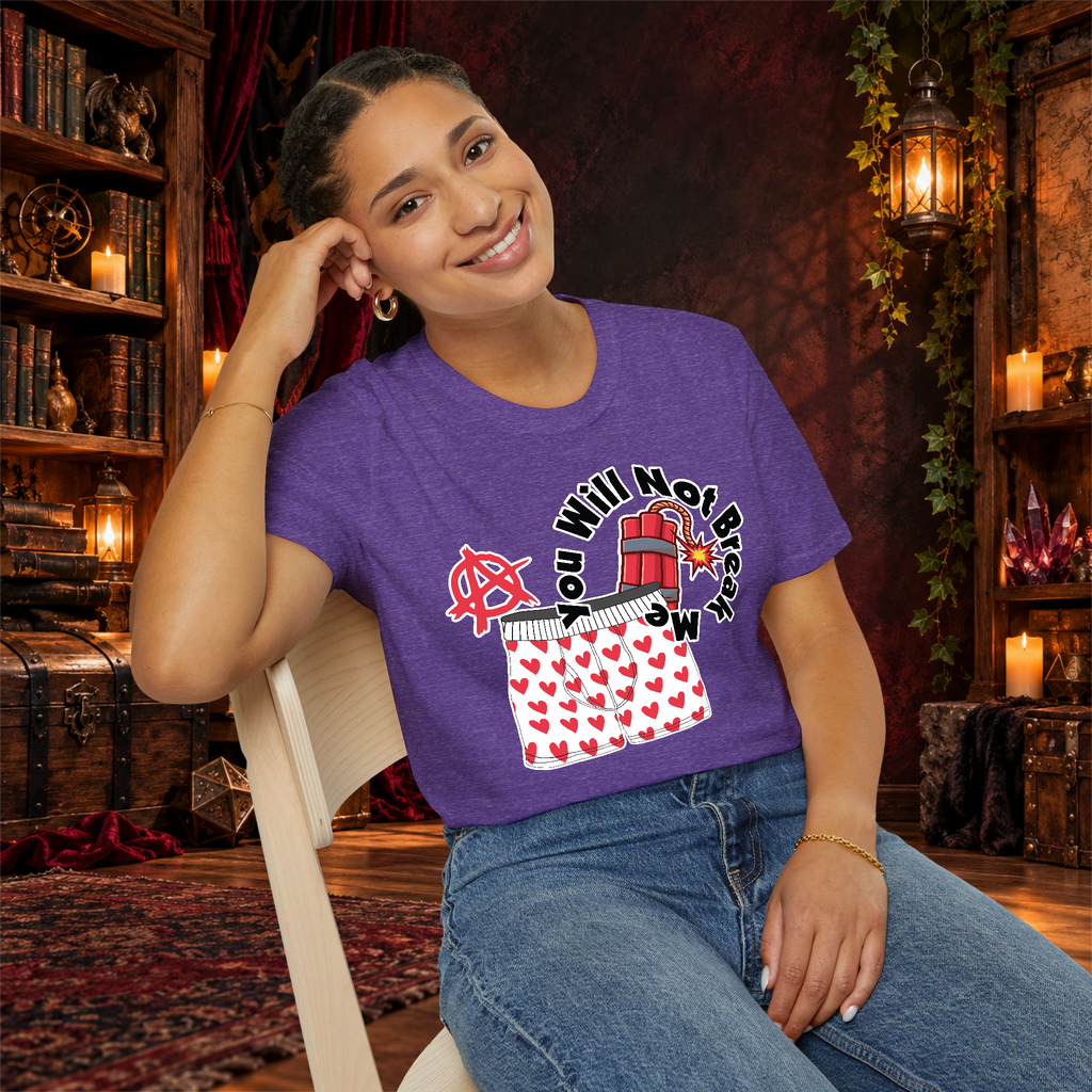 You Will Not Break Me graphic T-shirt modeled by a seated woman