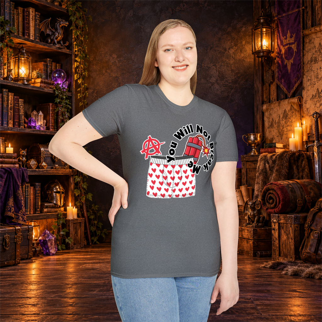 You Will Not Break Me graphic T-shirt modeled by a standing woman